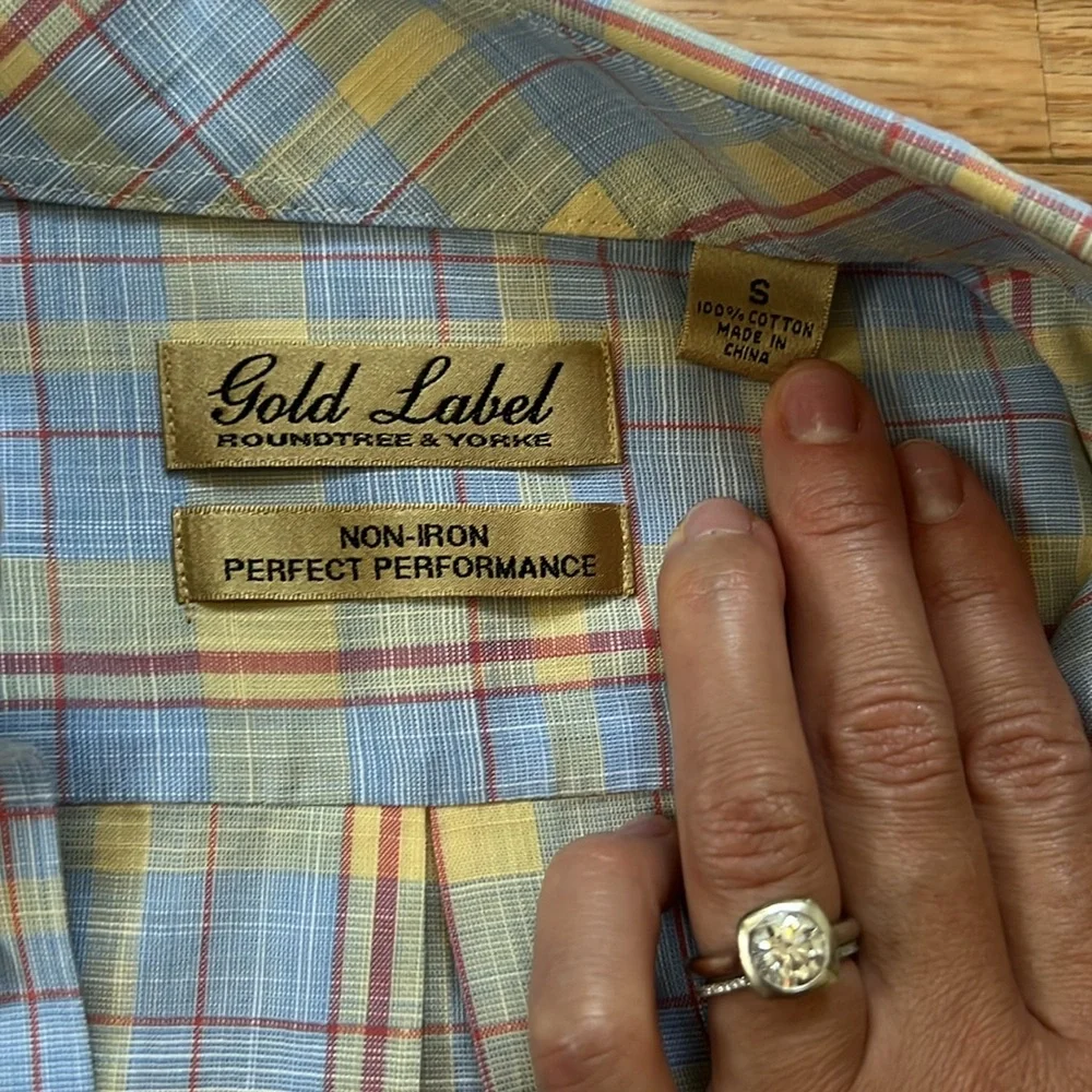 Gold Label cotton non-iron Men's Plaid Short Sleeve Shirt - Blue and Yellow - Picture 2 of 2
